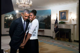 First Lady Michelle Obama snuggles against President Barack Obama before a videotaping for the 2015 World Expo, in the Diplomatic Reception Room of the White House, March 27, 2015. (Official White House Photo by Amanda Lucidon)

This official White House photograph is being made available only for publication by news organizations and/or for personal use printing by the subject(s) of the photograph. The photograph may not be manipulated in any way and may not be used in commercial or political materials, advertisements, emails, products, promotions that in any way suggests approval or endorsement of the President, the First Family, or the White House.