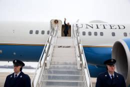 President Barack Obama waves as he boards Air Force One prior to departure from Waterloo Regional Airport in Waterloo, Iowa, Jan. 14, 2015. (Official White House Photo by Pete Souza)

This official White House photograph is being made available only for publication by news organizations and/or for personal use printing by the subject(s) of the photograph. The photograph may not be manipulated in any way and may not be used in commercial or political materials, advertisements, emails, products, promotions that in any way suggests approval or endorsement of the President, the First Family, or the White House.