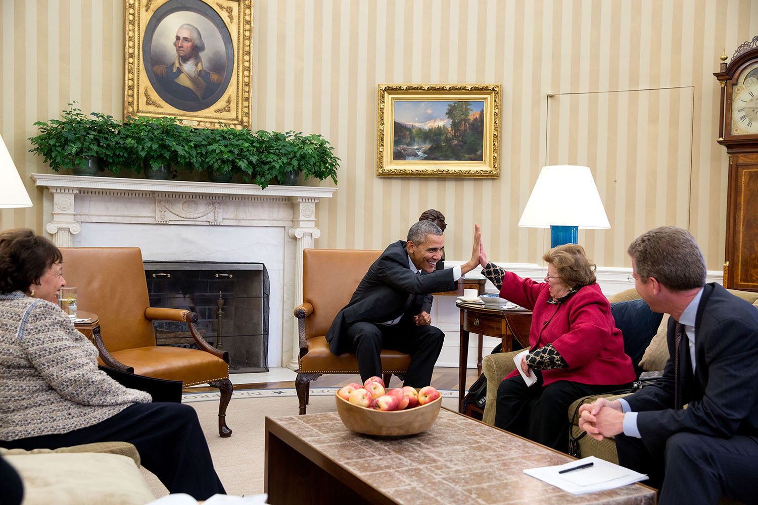 Nov. 3, 2015
"The President high-fives Sen. Barbara Mikulski, D-Md., during a meeting with her and Rep. Nita Lowey, D-N.Y., left, in the Oval Office. At right is OMB Director Shaun Donovan." (Official White House Photo by Pete Souza)
This official White House photograph is being made available only for publication by news organizations and/or for personal use printing by the subject(s) of the photograph. The photograph may not be manipulated in any way and may not be used in commercial or political materials, advertisements, emails, products, promotions that in any way suggests approval or endorsement of the President, the First Family, or the White House.