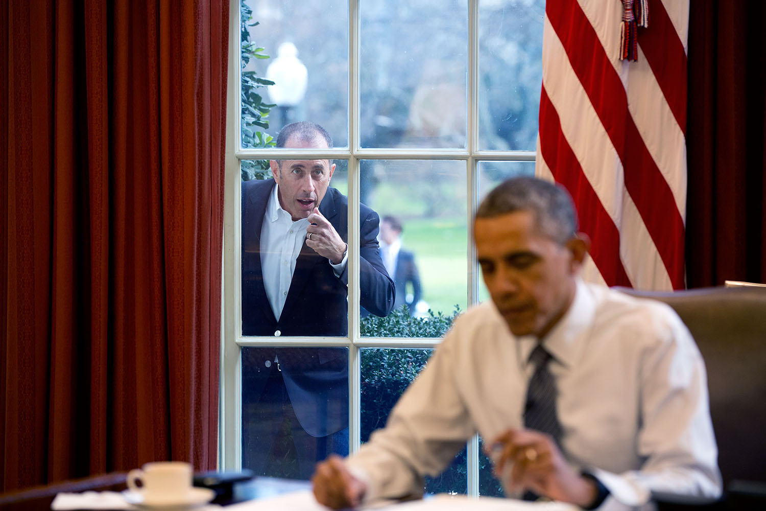 Dec. 7, 2015
“Comedian Jerry Seinfeld knocks on the Oval Office window to begin a segment for his series, ‘Comedians in Cars Getting Coffee.’” (Official White House Photo by Pete Souza)
This official White House photograph is being made available only for publication by news organizations and/or for personal use printing by the subject(s) of the photograph. The photograph may not be manipulated in any way and may not be used in commercial or political materials, advertisements, emails, products, promotions that in any way suggests approval or endorsement of the President, the First Family, or the White House.