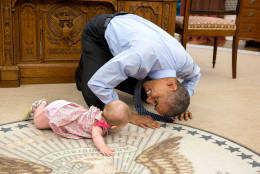 June 4, 2015
"At the President's insistence, Deputy National Security Advisor Ben Rhodes brought his daughter Ella by for a visit. As she was crawling around the Oval Office, the President got down on his hands and knees to look her in the eye." (Official White House Photo by Pete Souza)


This official White House photograph is being made available only for publication by news organizations and/or for personal use printing by the subject(s) of the photograph. The photograph may not be manipulated in any way and may not be used in commercial or political materials, advertisements, emails, products, promotions that in any way suggests approval or endorsement of the President, the First Family, or the White House.
