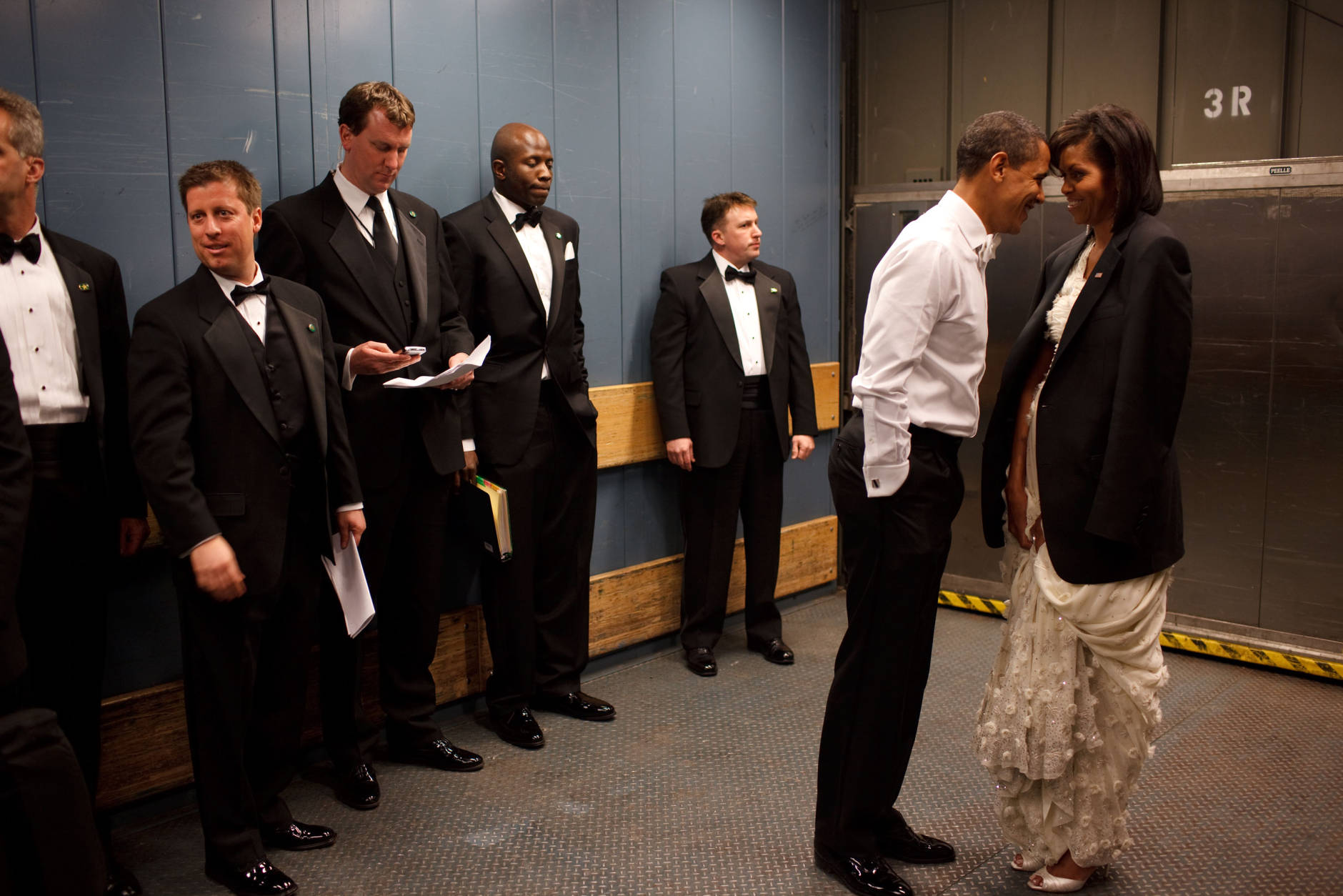 President Barack Obama and First Lady Michelle Obama share a private moment in a freight elevator at an Inaugural Ball. Washington, D.C. 1/20/09
Official White House Photo by Pete Souza