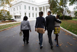 President Barack Obama walks with Kaye Wilson, left, and daughters Malia, center, and Sasha as they return to the White House from St. John's Episcopal Church in Washington, D.C., Sunday, Oct. 28, 2012. (Official White House Photo by Pete Souza)

This official White House photograph is being made available only for publication by news organizations and/or for personal use printing by the subject(s) of the photograph. The photograph may not be manipulated in any way and may not be used in commercial or political materials, advertisements, emails, products, promotions that in any way suggests approval or endorsement of the President, the First Family, or the White House.
