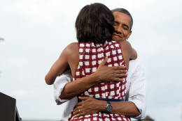 Aug. 15, 2012
"The President hugs the First Lady after she had introduced him at a campaign event in Davenport, Iowa. The campaign tweeted a similar photo from the campaign photographer on election night and a lot of people thought it was taken on election day." 
(Official White House Photo by Pete Souza)

This official White House photograph is being made available only for publication by news organizations and/or for personal use printing by the subject(s) of the photograph. The photograph may not be manipulated in any way and may not be used in commercial or political materials, advertisements, emails, products, promotions that in any way suggests approval or endorsement of the President, the First Family, or the White House.