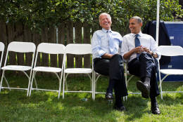 Sept. 7, 2012
"The President and Vice President share a laugh before a campaign rally together in Portsmouth, N.H." 
(Official White House Photo by Pete Souza)

This official White House photograph is being made available only for publication by news organizations and/or for personal use printing by the subject(s) of the photograph. The photograph may not be manipulated in any way and may not be used in commercial or political materials, advertisements, emails, products, promotions that in any way suggests approval or endorsement of the President, the First Family, or the White House.