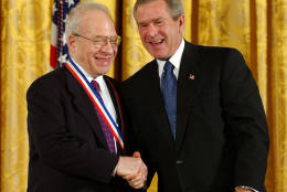 President Bush shakes hands with Richard L. Garwin of the Council on Foreign Relations after presenting him with a National Medal of Science for Physical Sciences in the East Room of the White House in Washington Thursday, Nov. 6, 2003. (AP Photo/Gerald Herbert)