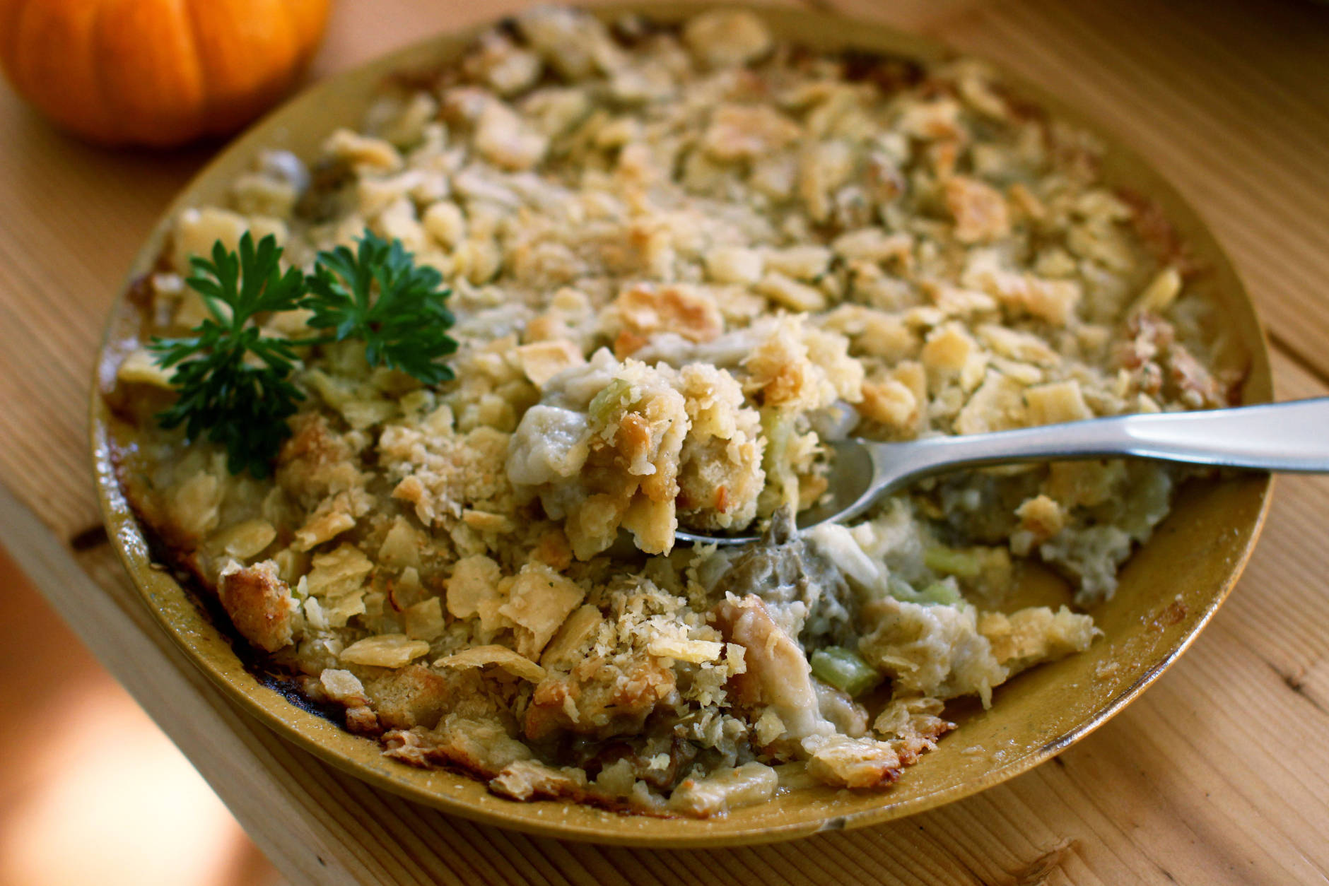 This Sept. 14, 2015 photo shows Thanksgiving oyster dressing in Concord, N.H. This dish is from a recipe by Elizabeth Karmel. (AP Photo/Matthew Mead)