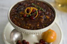 This Oct. 13, 2011 photo shows citrus herb cranberry sauce in Concord, N.H. This cranberry sauce recipe uses clementines for a citrus flair. (AP Photo/Matthew Mead)