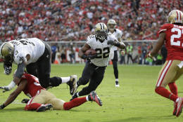 New Orleans Saints running back Mark Ingram (22) carries the ball for a touchdown during the first half of an NFL football game against the San Francisco 49ers Sunday, Nov. 6, 2016, in Santa Clara, Calif. (AP Photo/Tony Avelar)
