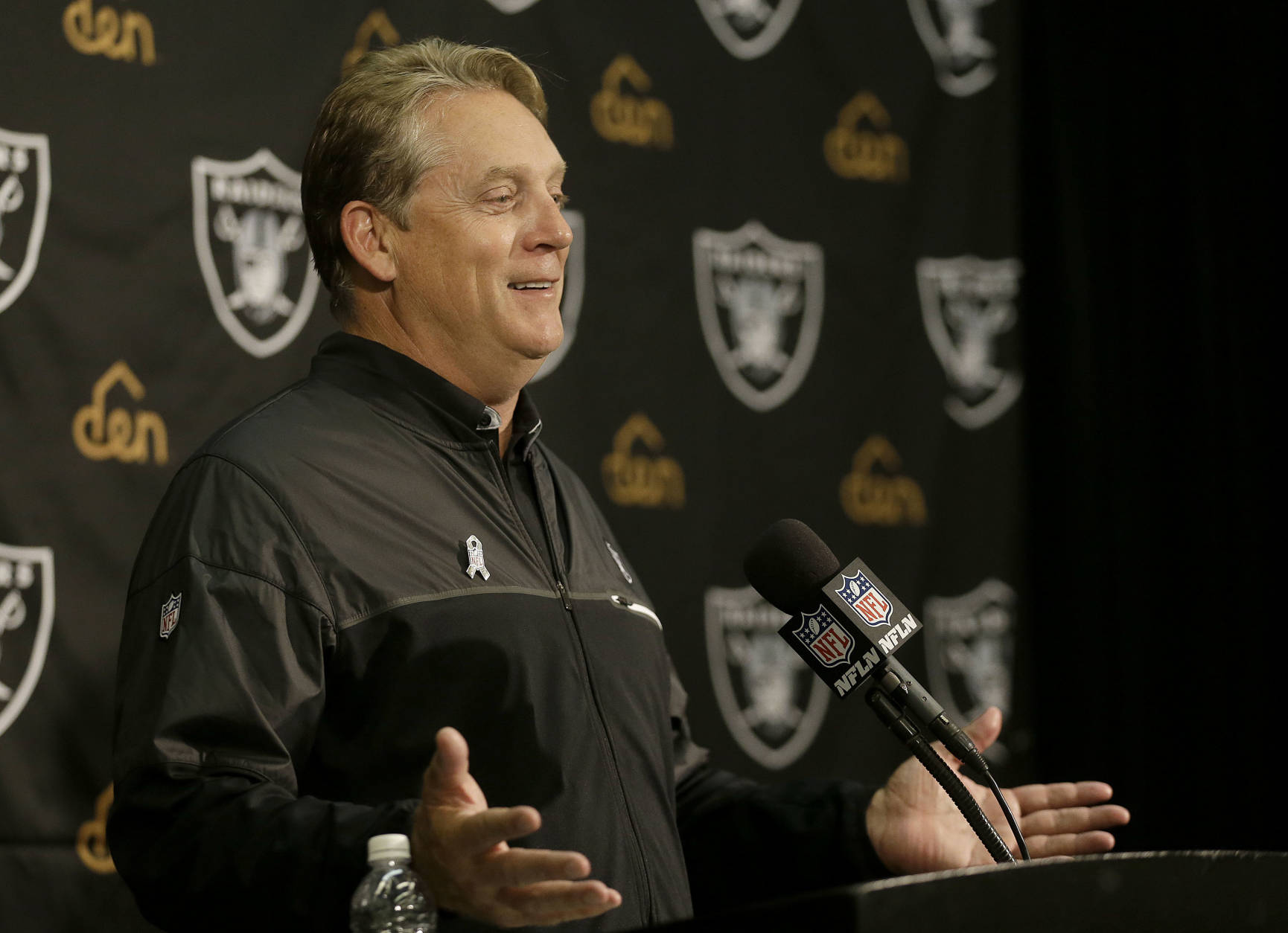 Oakland Raiders head coach Jack Del Rio speaks at a news conference after an NFL football game against the Denver Broncos in Oakland, Calif., Sunday, Nov. 6, 2016. (AP Photo/Ben Margot)