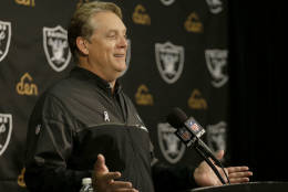 Oakland Raiders head coach Jack Del Rio speaks at a news conference after an NFL football game against the Denver Broncos in Oakland, Calif., Sunday, Nov. 6, 2016. (AP Photo/Ben Margot)