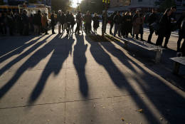 A line forms as people wait to vote on Election Day in the Upper West Side of Manhattan on Tuesday, Nov. 8, 2016, in New York. (AP Photo/Craig Ruttle)