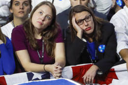 Guests watch early results during Democratic presidential nominee Hillary Clinton's election night rally in the Jacob Javits Center glass enclosed lobby in New York, Tuesday, Nov. 8, 2016. (AP Photo/Matt Rourke)