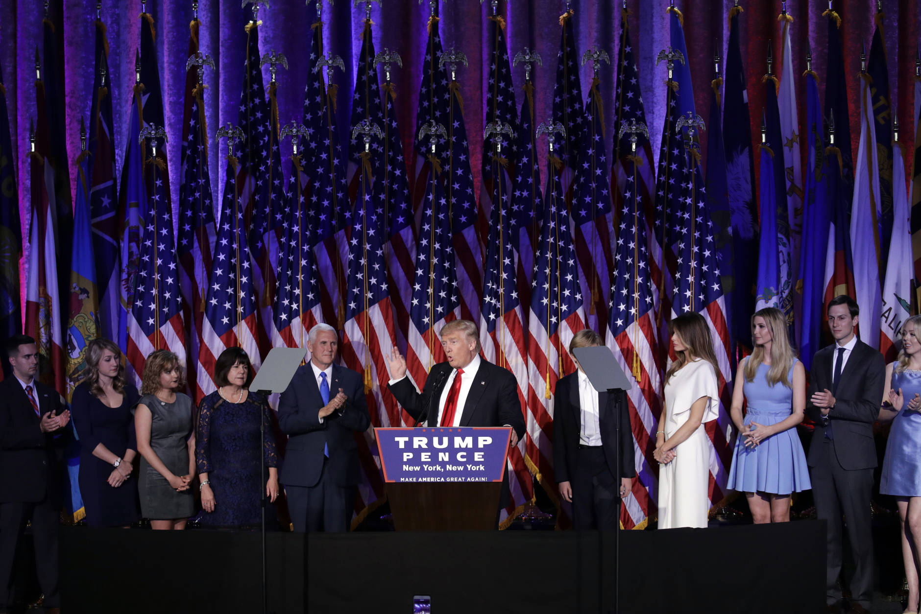 President-elect Donald Trump gives his acceptance speech during his election night rally, Wednesday, Nov. 9, 2016, in New York. (AP Photo/John Locher)