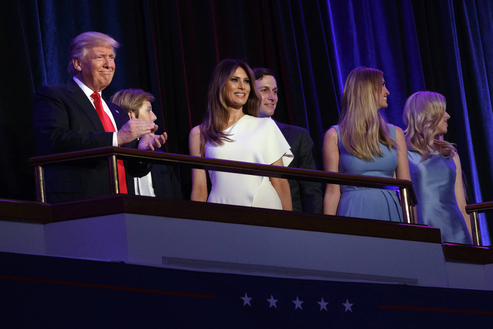 President-elect Donald Trump, left, arrives to speak at an election night rally, Wednesday, Nov. 9, 2016, in New York. From left, Trump, his son Barron, wife Melania, Jared Kushner, Ivanka Trump, and Tiffany Trump. (AP Photo/ Evan Vucci)