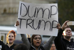 A protester holds a sign that reads "Dump Trump" as she takes part in a protest against the election of President-elect Donald Trump, Wednesday, Nov. 9, 2016, in downtown Seattle. (AP Photo/Ted S. Warren)