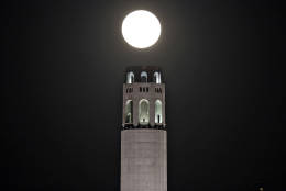 The moon rises over Coit Tower in San Francisco, Monday, Nov. 14, 2016. The brightest moon in almost 69 years is lighting up the sky in a treat for star watchers around the globe. The phenomenon known as the supermoon reached its peak luminescence in North America before dawn on Monday. Its zenith in Asia and the South Pacific was Monday night. (AP Photo/Marcio Jose Sanchez)