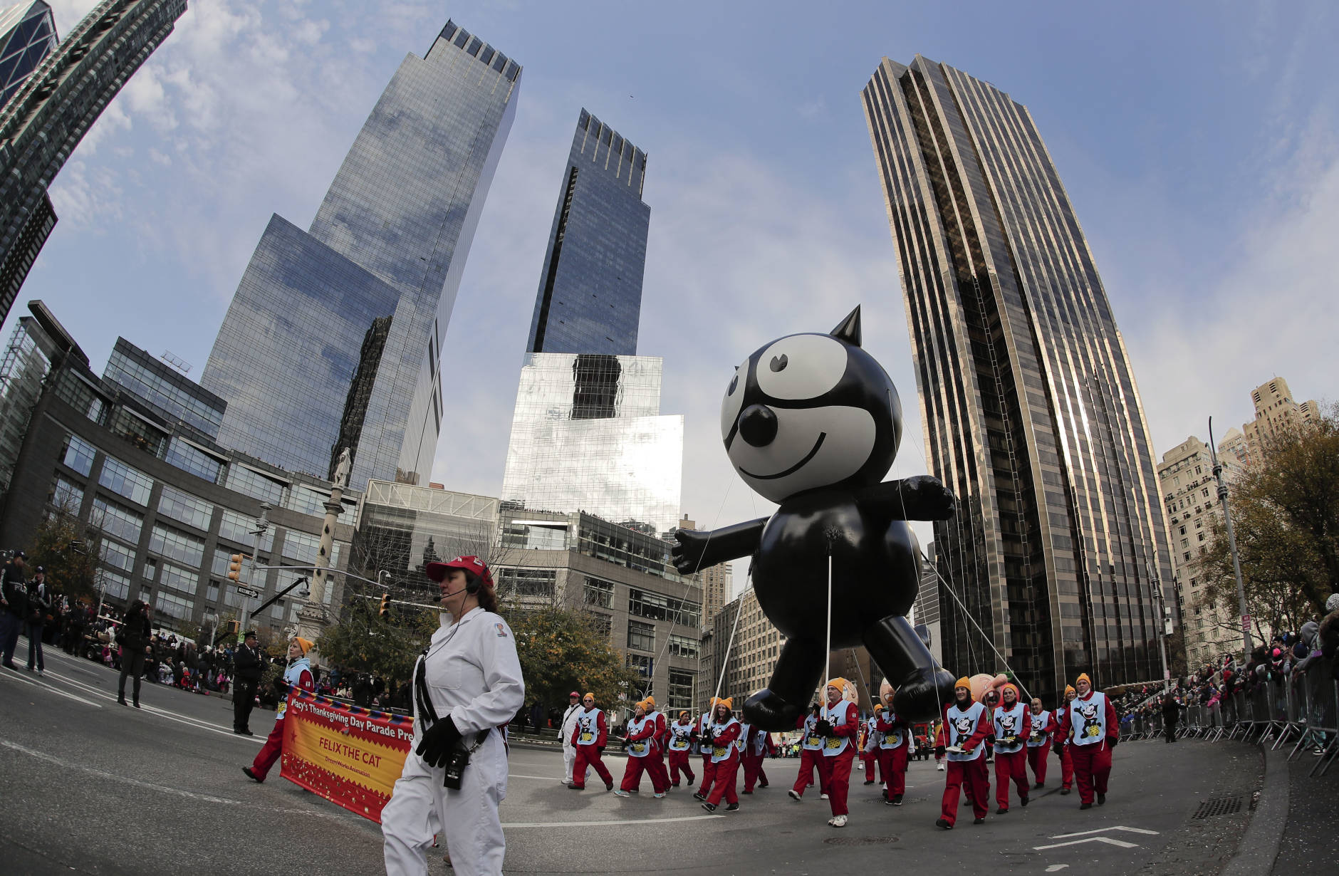 The Felix the Cat balloon is guided through Columbus Circle during the Macy's Thanksgiving Day parade, Thursday, Nov. 24, 2016, in New York. The balloon was one of the original balloons to appear in the first Macy's Parade. (AP Photo/Julie Jacobson)