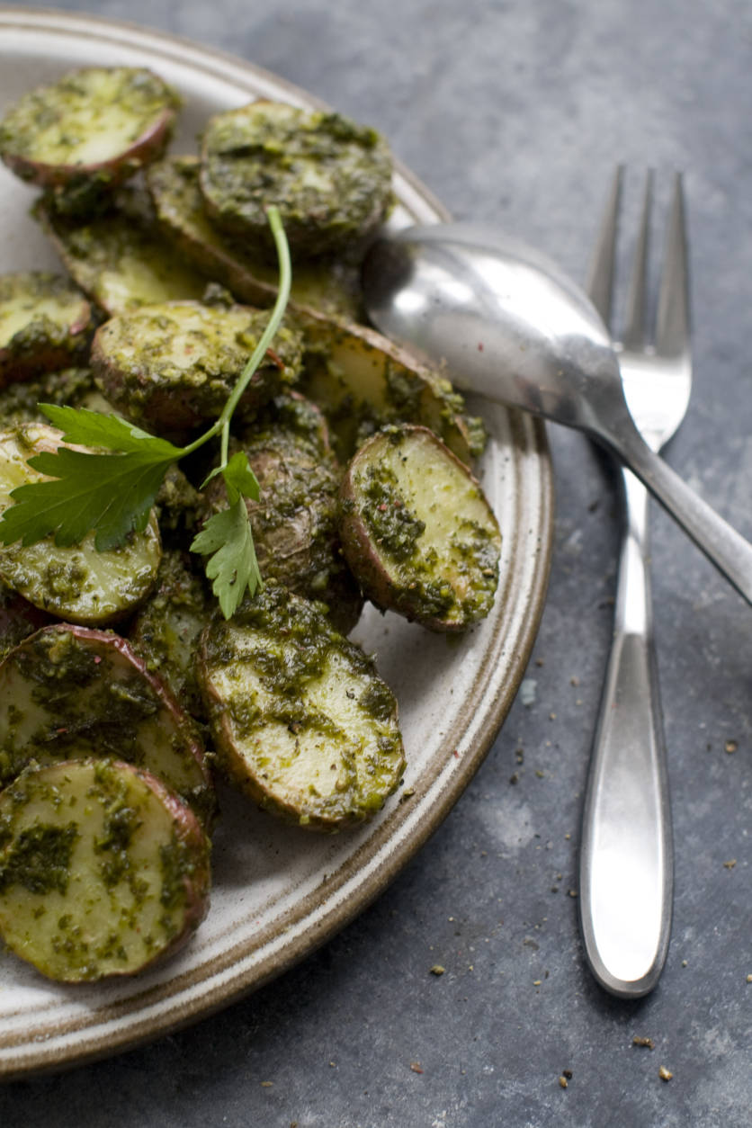 This Feb. 3, 2014 photo shows roasted green potatoes in Concord, N.H. (AP Photo/Matthew Mead)