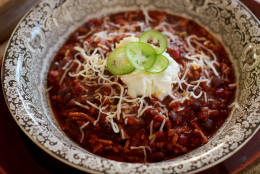 This Nov. 16, 2015 photo shows game day turkey chili in Concord, NH. Everyone has a favorite chili recipe, and this is the time of year to break out yours, invite some friends over and yell at some football players on TV. (AP Photo/Matthew Mead)