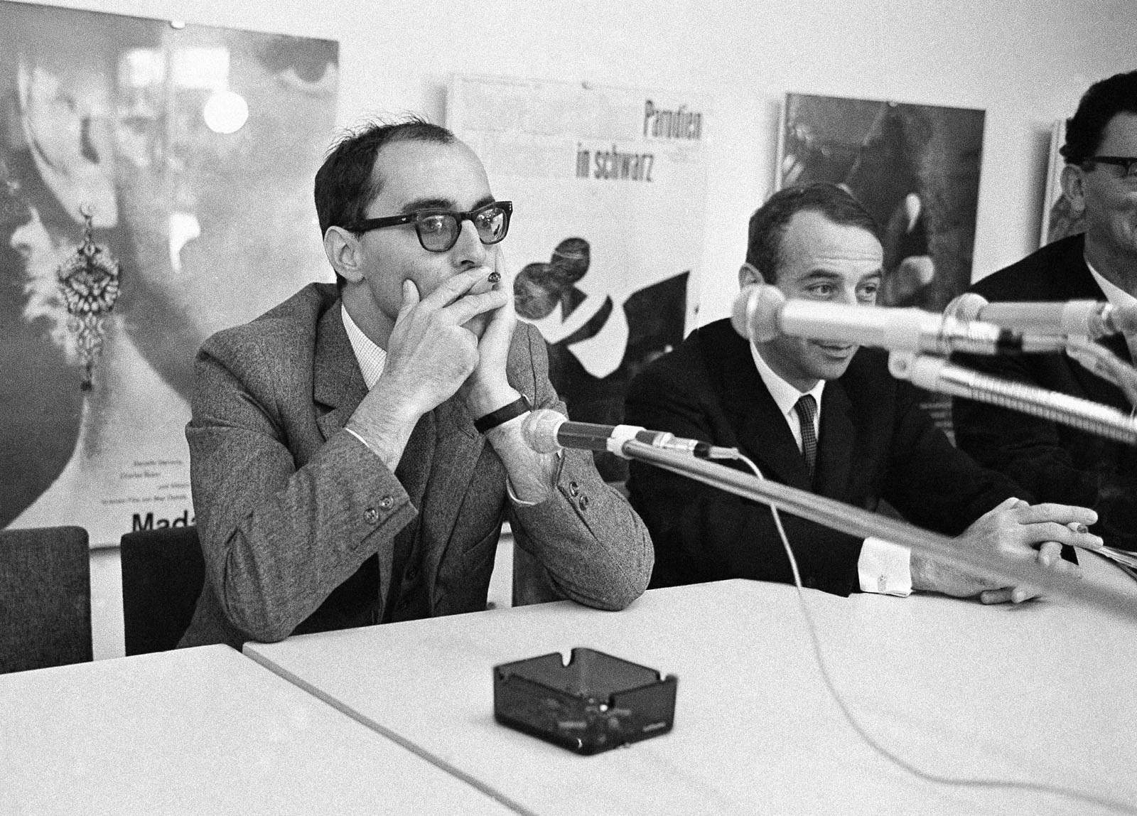 French director Jean-Luc Godard's "Masculin, feminin" is being tipped in the 16th annual Berlin Film Festival as an insider for the top movie prize, the Berlin Golden Bear. Here, Godard is seen during a press conference in Berlin, June 27, 1966. (AP Photo/Edwin Reichert)