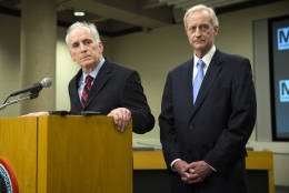 DC Council Member Jack Evans, right, and Metro General Manager Paul Wiedefeld listen to a question during a news conference to announce that the DC Metrorail service will be shut down for a fulls day, at the Washington Metropolitan Area Transit Authority headquarters, on Tuesday, March 15, 2016, in Washington. Wiedefeld said the system would be shut down for an emergency inspection of the systems third rail power cables. (AP Photo/Evan Vucci)