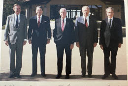 Former Presidents, from left, George H. W. Bush, Ronald Reagan, Jimmy Carter, Gerald Ford and Richard Nixon shown in the courtyard during the dedication of the Ronald Reagan Presidential Library in Simi Valley, Calif., on Nov. 4, 1991.  This photo was autographed by each of the heads of state. The five former presidents reportedly made a pact to sign only a limited number of photographs from the photo session in 1991, a deal that could net each up to $1.5 million. (AP Photo/Marcy Nighswander)