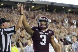 Texas A&amp;M's Christian Kirk (3) celebrates a touchdown against New Mexico State during the second quarter of an NCAA college football game Saturday, Oct. 29, 2016, in College Station, Texas. (AP Photo/Sam Craft)