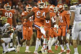 Clemson defensive tackle Carlos Watkins (94) reacts after a play against Pittsburgh during the second half of an NCAA college football game on Saturday, Nov. 12, 2016, in Clemson, S.C. (AP Photo/Rainier Ehrhardt)