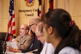 'Council member' Angela Wu, foreground, listens to her colleagues on the Montgomery County Council. (WTOP/Kate Ryan)