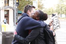 "I just wanted to let you everyone know there's a lot of good people out there," said Ty Gruszewski , who gave out post-election hugs Wednesday, Nov. 9 in the Dupont Circle neighborhood of Northwest D.C. (WTOP/Kate Ryan)
