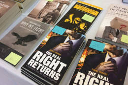 White nationalists meeting in downtown D.C. asked to keep their faces out of photos. This picture shows books that were on sale at the meeting, Saturday, Nov. 19, 2016. (WTOP/Dick Uliano)