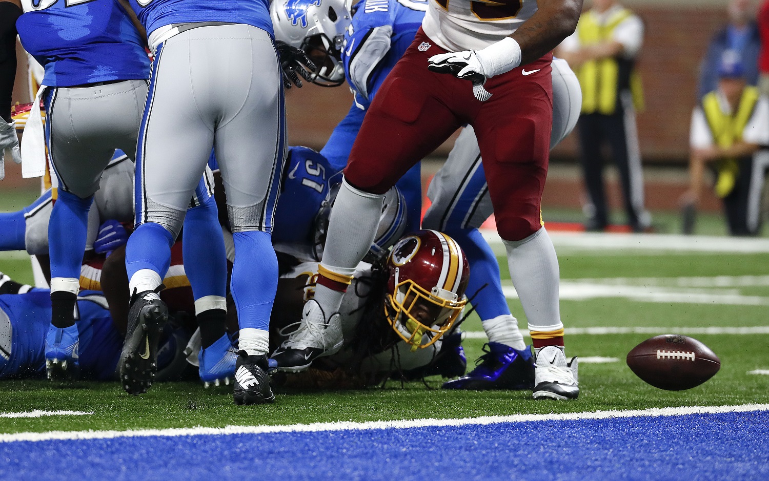 Washington Redskins running back Matt Jones fumbles into the end zone against the Detroit Lions during an NFL football game in Detroit, Monday, Oct. 24, 2016. Detroit recovered the fumble. (AP Photo/Paul Sancya)