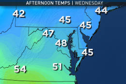 On Wednesday, the center of high pressure will begin to move offshore and the next storm system will be taking shape in the middle of the country. (WTOP/Storm Team 4)