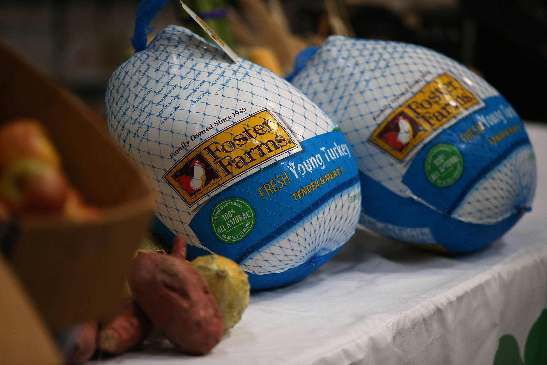 SAN FRANCISCO, CA - NOVEMBER 13:  Two donated Foster Farms turkeys are displayed on a table at the SF-Marin Food Bank on November 13, 2015 in San Francisco, California. Foster Farms donated 640 Thanksgiving turkeys to the SF-Marin Food Bank ahead of the Thanksgiving holiday.  (Photo by Justin Sullivan/Getty Images)