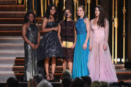 NASHVILLE, TN - NOVEMBER 02: Olympic gymnasts Simone Biles, Gabby Douglas, Laurie Hernandez, Madison Kocian, and Aly Raisman speak onstage at the 50th annual CMA Awards at the Bridgestone Arena on November 2, 2016 in Nashville, Tennessee.  (Photo by Rick Diamond/Getty Images)