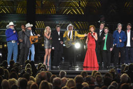 NASHVILLE, TN - NOVEMBER 02:  (L-R) Charlie Daniels, Charley Pride, Dwight Yoakam, Carrie Underwood, Randy Travis, Brad Paisley, Reba McEntire, Vince Gill, Jeff Cook, Randy Owen, and Teddy Gentry perform onstage at the 50th annual CMA Awards at the Bridgestone Arena on November 2, 2016 in Nashville, Tennessee.  (Photo by Rick Diamond/Getty Images)