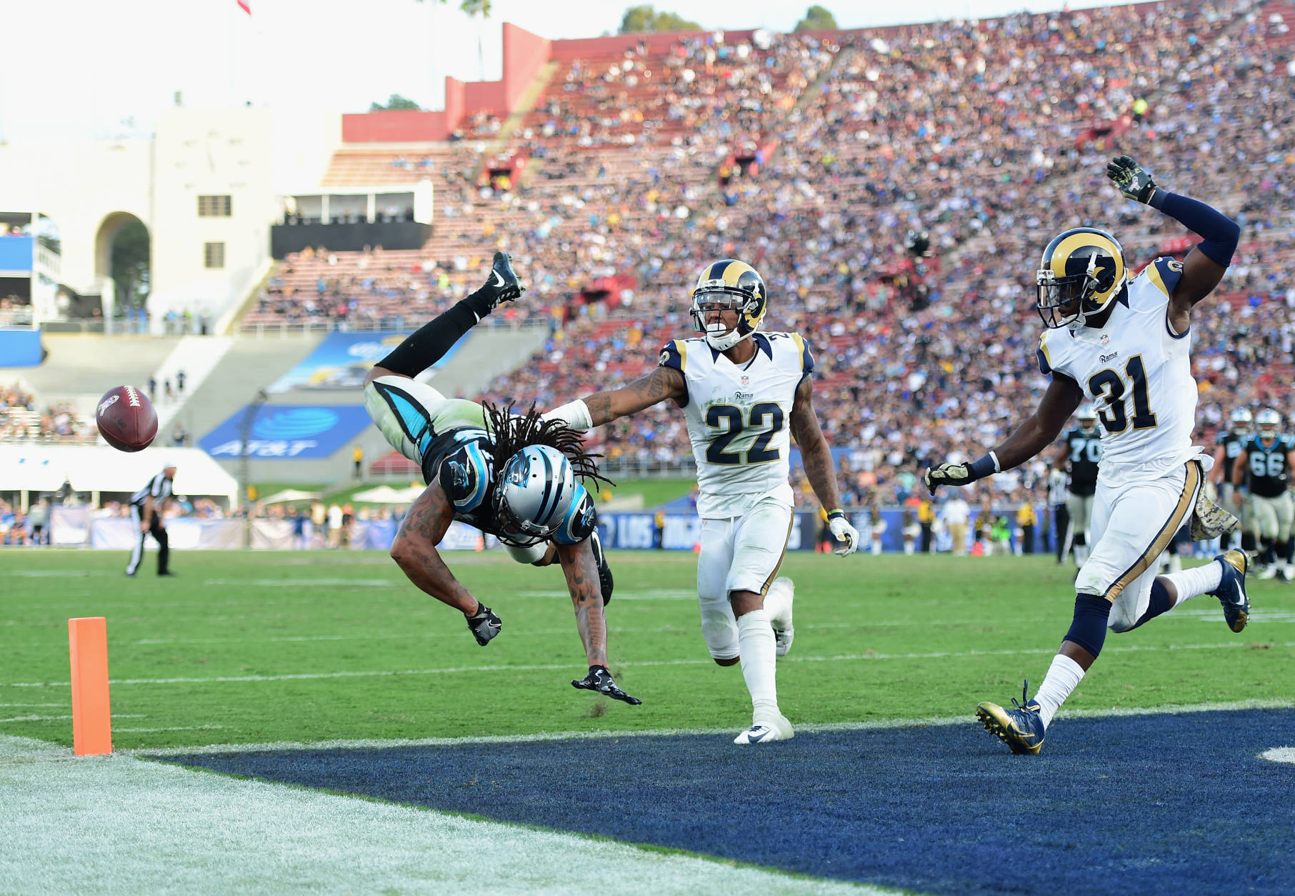 LOS ANGELES, CA - NOVEMBER 06:  Kelvin Benjamin #13 of the Carolina Panthers misses a catch in front of Trumaine Johnson #22 and Maurice Alexander #31 of the Los Angeles Rams during the fourth quarter of the game at the Los Angeles Coliseum on November 6, 2016 in Los Angeles, California.  (Photo by Harry How/Getty Images)
