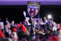 NEW YORK, NY - NOVEMBER 08:  An attendee holds up a sign in support of Republican presidential nominee Donald Trump that reads "Bikers For Trump" during the election night event at the New York Hilton Midtown on November 8, 2016 in New York City. Americans today will choose between Republican presidential nominee Donald Trump and Democratic presidential nominee Hillary Clinton as they go to the polls to vote for the next president of the United States.  (Photo by Spencer Platt/Getty Images)