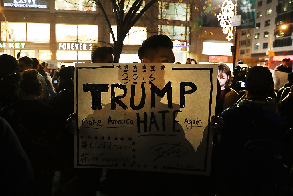 NEW YORK, NY - NOVEMBER 09:  Anti-Trump protesters gather in a park as New Yorkers react to the election of Donald Trump as president of the United States on November 9, 2016 in New York City. Trump defeated Democrat Hillary Clinton in an upset to become the 45th president.  (Photo by Spencer Platt/Getty Images)