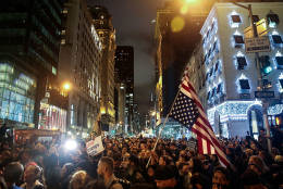 NEW YORK, NY - NOVEMBER 9: Protestors flood Fifth Avenue as they rally against Donald Trump outside of Trump Tower, November 9, 2016 in New York City. Republican candidate Donald Trump won the 2016 presidential election in the early hours of the morning in a widely unforeseen upset. (Photo by Drew Angerer/Getty Images)