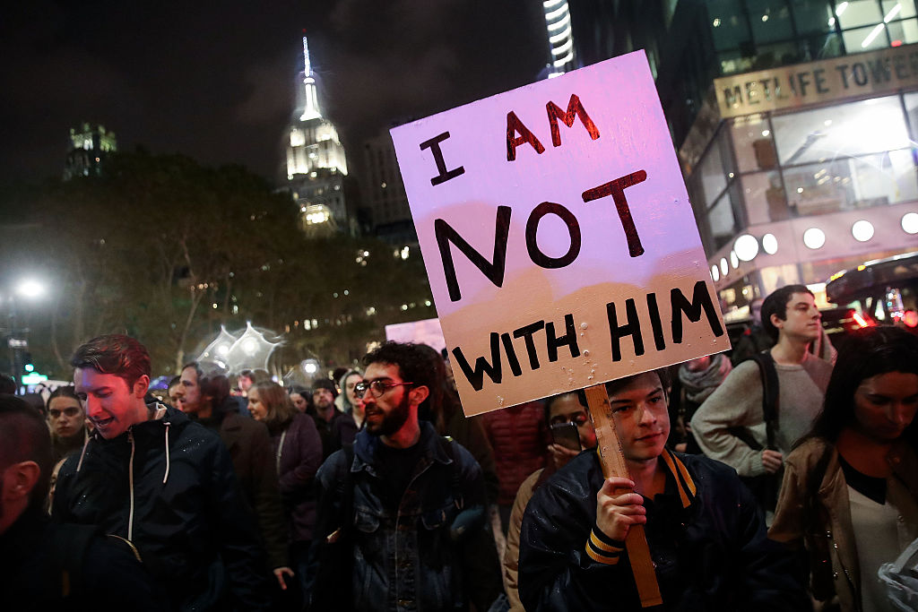 Protestors rally against Donald Trump in Union Square, November 9, 2016 in New York City. Republican candidate Donald Trump won the 2016 presidential election in the early hours of the morning in a widely unforeseen upset. (Photo by Drew Angerer/Getty Images)