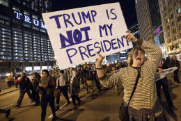 CHICAGO, IL - NOVEMBER 09: Demonstrators protest outside of the Trump Tower November 9, 2016 in Chicago, Illinois. Thousands of people across the United States took to the streets in protest a day after Republican Donald Trump was elected president, defeating Democrat Hillary Clinton. (Photo by John Gress/Getty Images)