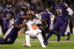 BALTIMORE, MD - NOVEMBER 10: Running back Duke Johnson #29 of the Cleveland Browns is tackled by multiple Baltimore Ravens defenders at M&amp;T Bank Stadium on November 10, 2016 in Baltimore, Maryland. (Photo by Patrick Smith/Getty Images)