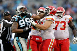 CHARLOTTE, NC - NOVEMBER 13:   Star Lotulelei #98 of the Carolina Panthers shoves  Laurent Duvernay-Tardif #76 of the Kansas City Chiefs after a play in the 4th quarter during their game at Bank of America Stadium on November 13, 2016 in Charlotte, North Carolina.  (Photo by Streeter Lecka/Getty Images)