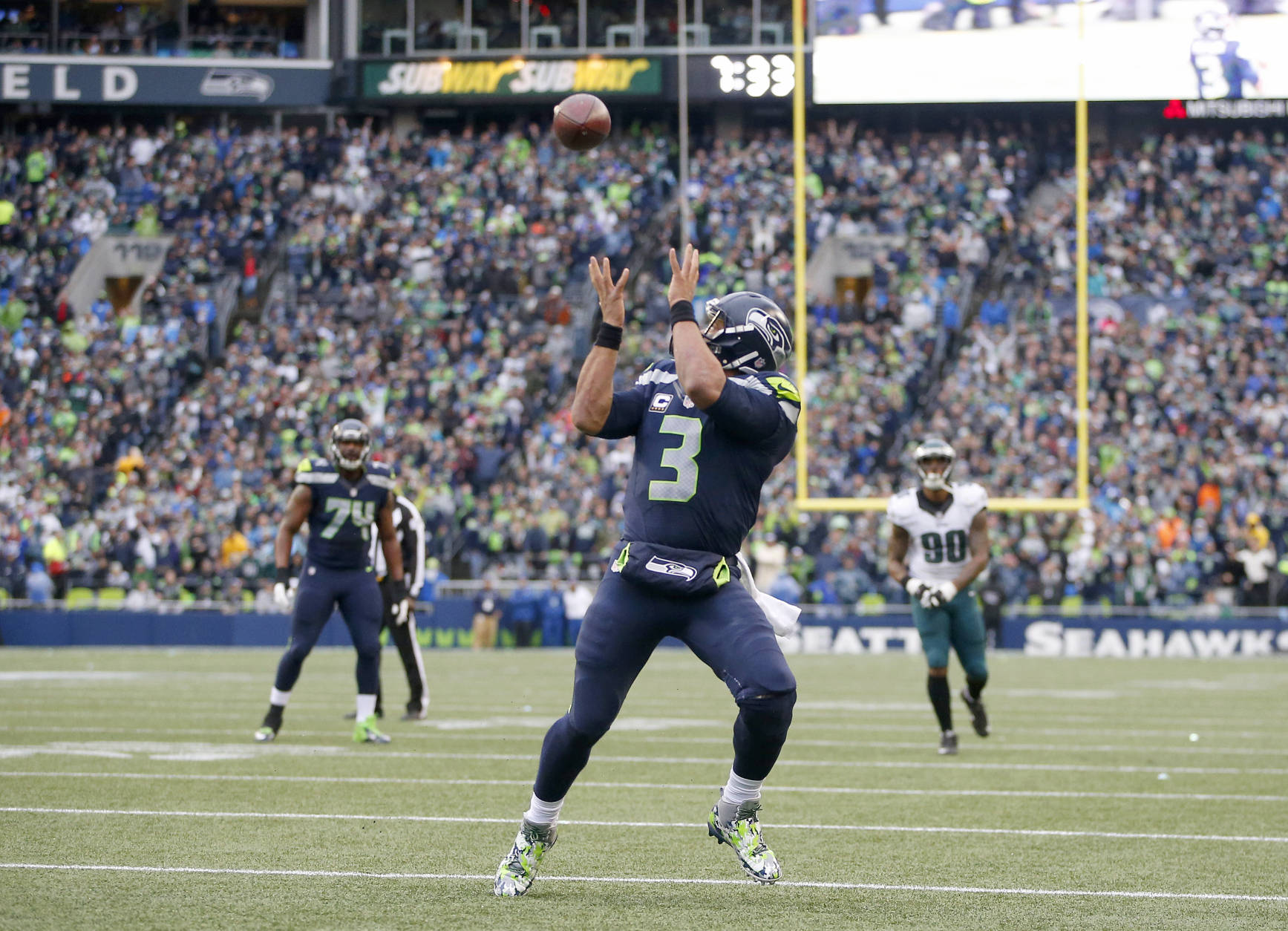SEATTLE, WA - NOVEMBER 20:  Quarterback Russell Wilson #3 of the Seattle Seahawks scores a touchdown reception against the Philadelphia Eagles at CenturyLink Field on November 20, 2016 in Seattle, Washington.  (Photo by Otto Greule Jr/Getty Images)