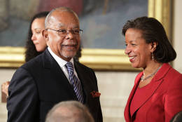 Henry Louis Gates, Jr.,  Alphonse Fletcher University Professor and Director of the Hutchins Center for African and African American Research at Harvard University, and White House National Security Advisor Susan Rice visit during the Presidential Medal of Freedom  ceremony in the East Room of the White House November 22, 2016 in Washington, DC. U.S. President Barack Obama presented the medal to 19 living and two posthumous pioneers in science, sports, public service, human rights, politics and the arts.  (Photo by Chip Somodevilla/Getty Images)