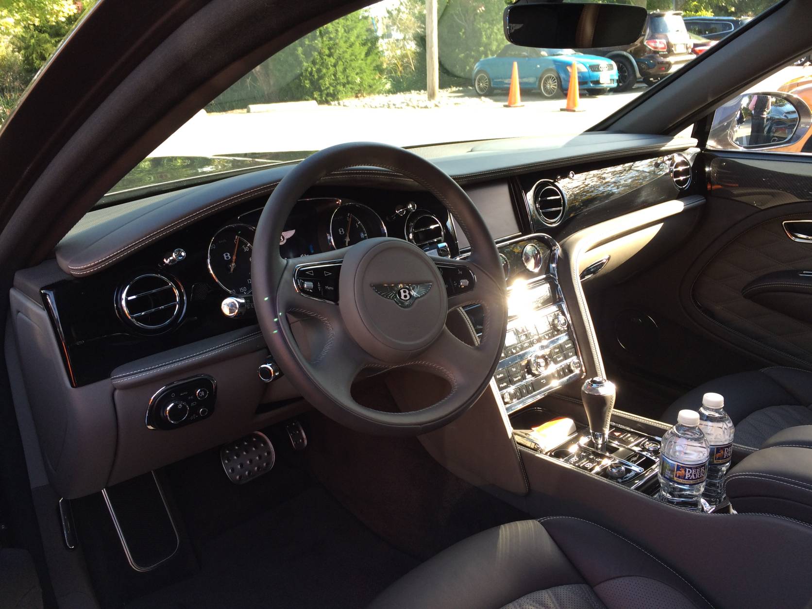 The leather interior of the Bentley Mulsanne is topnotch with the finest looking wood inlays, aluminum and carbon fiber trim WTOP's Mike Parris have ever seen. Space is good in the front and back seat. (WTOP/Mike Parris)
