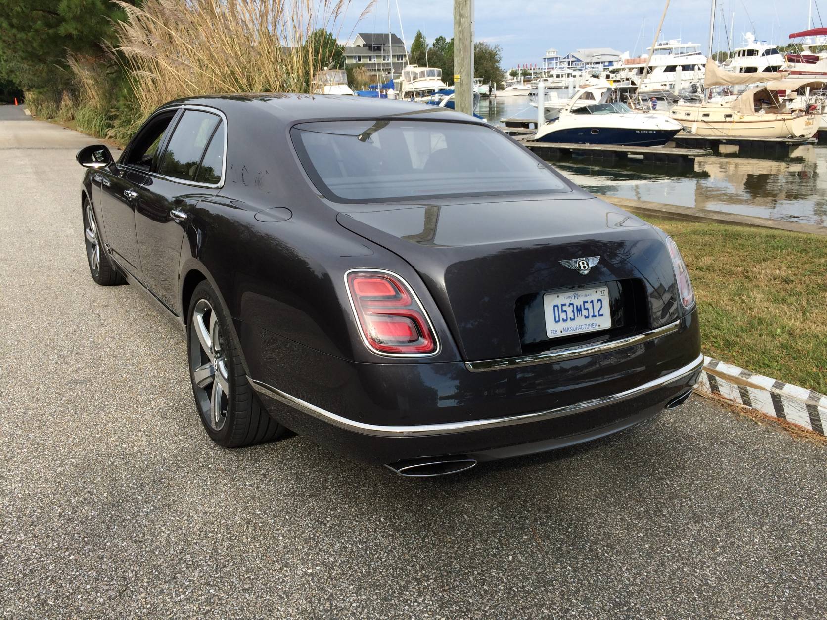There are large 21-inch wheels with the Speed version of the Bentley Mulsanne and the flawless Magnetic paint color adds a bit of understated luxury to this pricey ride.  (WTOP/Mike Parris)