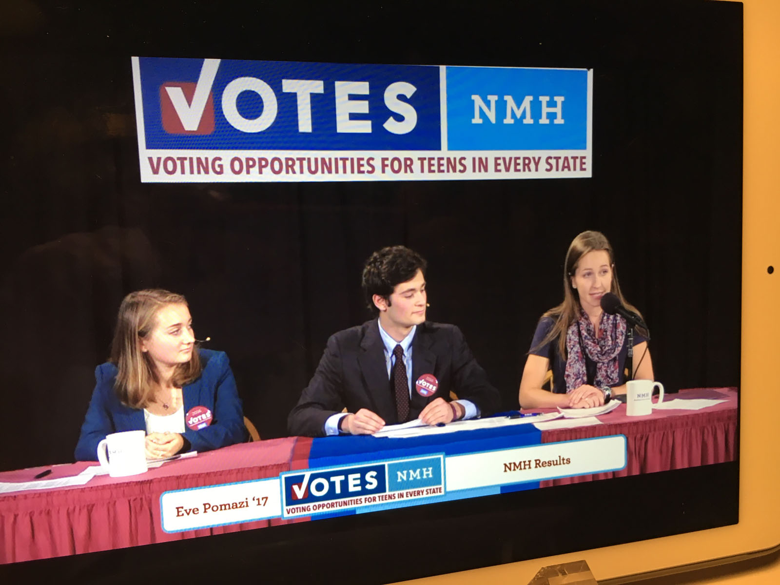 Here's a photos of the live-stream event of VOTES 2016 students at the Northfield Mount Hermon School announcing mock election results Sunday night. (WTOP/Kate Ryan)
